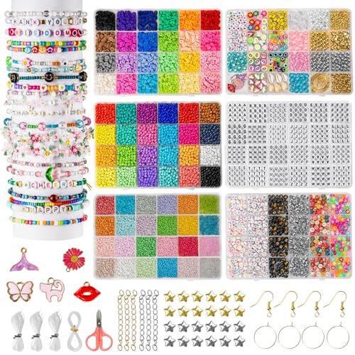 Goldwise Friendship Bracelet Kit, 16000 pcs with Seed Beads (2/3/4mm), Clay Beads, 7 Styles Letter Beads (A-Z), Variety of Charms, DIY Jewelry Making Crafts - size: 6 BOXES