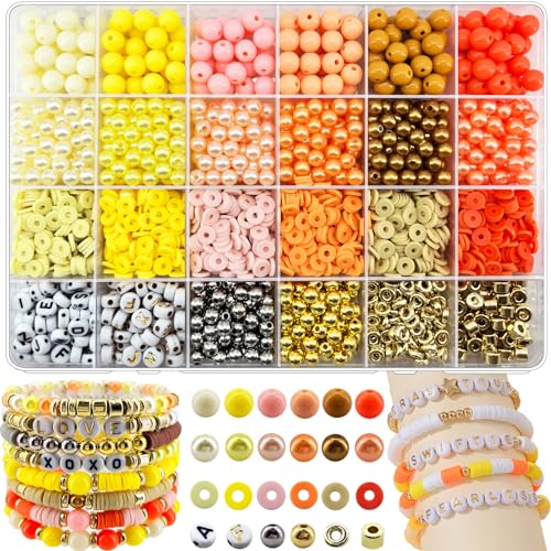 2220Pcs Fall Bracelets Beads Kit, Thanksgiving Fall Beads for Jewelry Making Autumn Yellow Orange Clay Beads Pearl Beads Round Loose Spacer Beads Heishi Beads Bulk for Necklace Earrings DIY Craft - color: Yellow