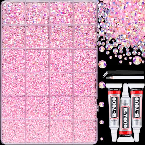 30000Pcs Resin Jelly Rhinestones with Tweezers for Crafting, Light Pink AB Flatback Gems, Bedazzling Crystal with 3Pcs 10ml B7000 Jewelry Glue for DIY Crafts Clothing Tumblers Shoes Fabric Nail Art - color: Light Pink AB, size: Large Pack + 3Pcs Glue