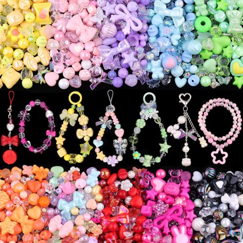 700-750PCS TINKRSTUFF Assorted Acrylic Beads,Mixed Cute Beads for Bracelet Making, Aesthetic Butterfly GummyBear Star Flower Bow Kawaii Charms for Jewelry Necklace Making DIY Keychain Phone Charm - color: 400g-10 Colors set1
