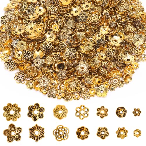 FEBSNOW Spacer Beads Caps, About 160Pcs Antique Gold Flower Beads Caps Bali Style Jewelry Making Metal Bead Caps for DIY Bracelet Necklace Earrings Making - color: Ancient Gold