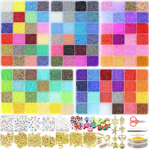54000pcs Glass Seed Beads for Jewelry Making Kit, 120 Colors 2mm Small Beads Kit Bracelet Beads with Letter Evil Eye Beads Jump Rings & Charms Pendants for Bracelets Making, DIY, Adult Craft Supplies - size: 2mm