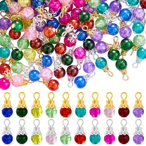 100/200Pcs Crystal Dangle Charms for Jewelry Making Bulk Small Cute Charms Transparent Glass Beads Pendants with Silver Gold Caps for Earring Necklace Bracelet DIY Supplies - color: Mix B