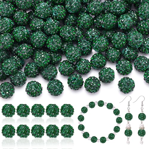 105pcs 10mm Rhinestone Beads for Jewelry Making, Dark Green Shiny Round Disco Ball Beads Bulk, Sparkle Crystal Clay Christmas for Bracelet Baseball Necklace Earring Crafting and DIY - color: Emerald, size: 105 pcs