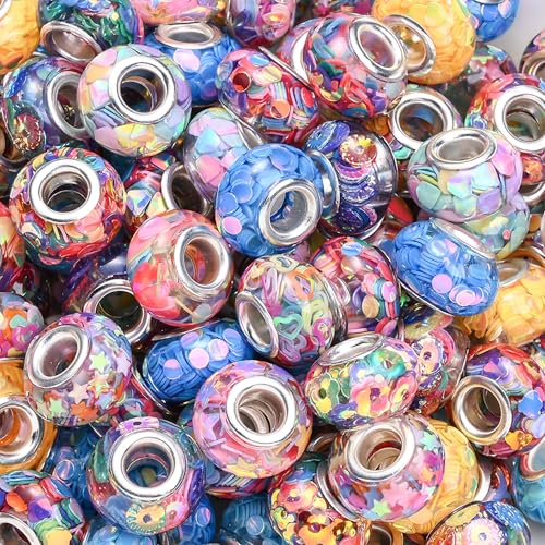 PIPITREE 40PCS Acrylic Beads 9 * 14mm Focal Beads for Pens Acrylic Flat Bulk Sequin Bead AB Mixed Color 6mm Large Hole Bead for Keychains Beadable Pens DIY Crafts Jewelry Making & Gift Giving - color: Sequin