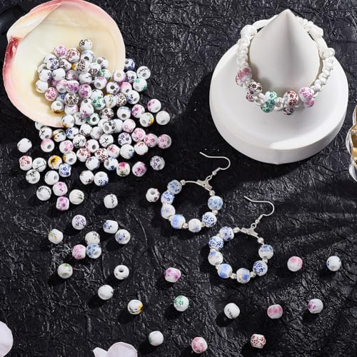 1 Box 180PCS 8MM Colored Chinese Porcelain Beads Large Hole Flower Printed Round Floral Ceramic Flowers Vintage Loose Spacer Bead for Jewelry Making Bracelets Necklaces DIY Craft Supply - color: Colored, size: 8mm 180pcs