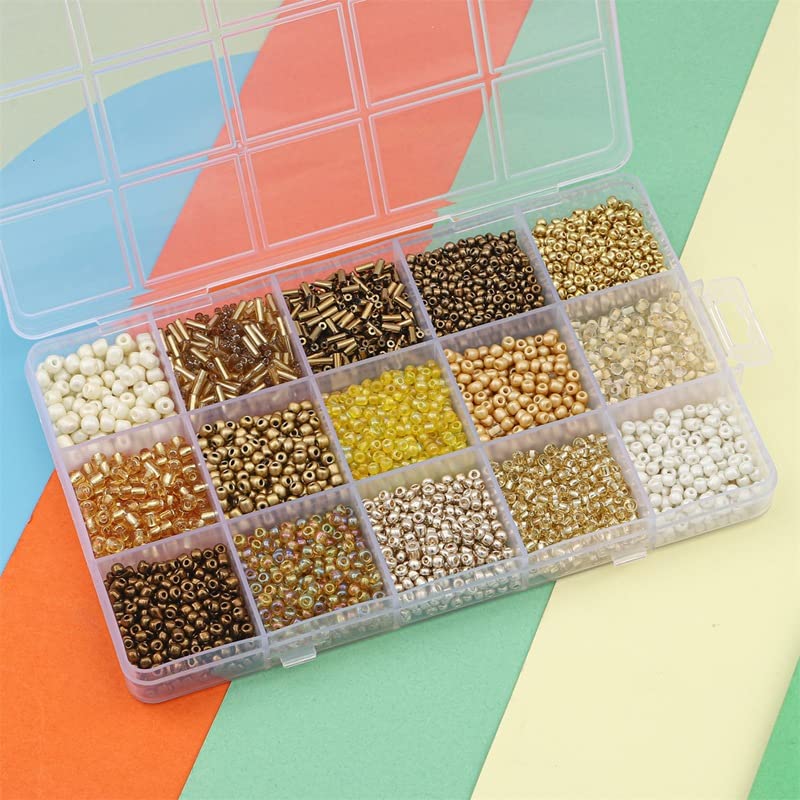Mix 15 Color Glass Seed Tube Beads Glass Bugle Beads Loose Kit for Jewelry Making DIY Craft Beading (Mix 15 Color, Gold) - color: Gold