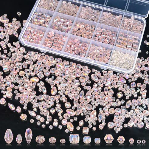 1500 Pcs Crystal Glass Beads for Jewelry Making – 12 Styles Bicone, Rondelle, Cube, Teardrop & 3mm Spacer Beads, DIY Bracelet Necklace Earring Craft Kit with Organizer Box(Pink) - color: Pink