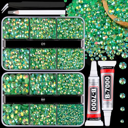 Resin Jelly Rhinestones for Crafting with B7000 Jewelry Glue, 2 Boxes Dark Green AB Flatback Crystals with 2Pcs 10ml Glue, Bedazzling Non Hotfix Gems for DIY Tumblers Clothing Shoes Manicure - color: Dark Green AB, size: 2 Mini Pack + Glue