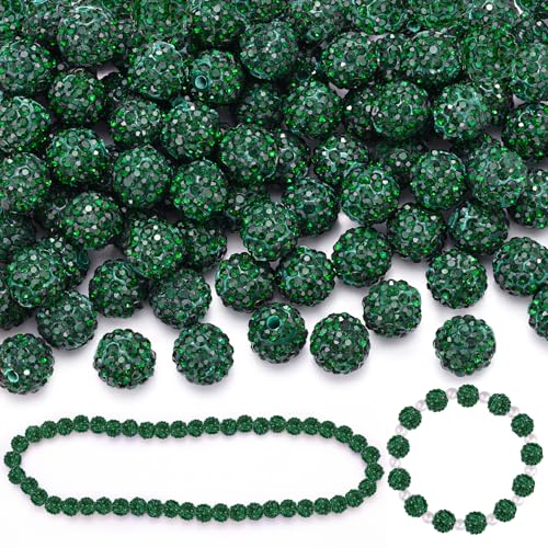 100 Pcs Emerald Rhinestone Beads for Jewelry Making, Sparkle Crystal Clay Christmas for Bracelet Baseball Necklace Earring Crafting and DIY, Shiny Round Shamballa Disco Ball Beads Bulk - color: Emerald, size: 100 pcs