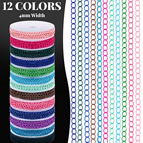 12 Rolls 120 Feet 4 mm Jewelry Making Chains Necklace Chains Jewelry Making Supplies Jewelry Chain Link Cable Chain Roll with 120 Lobster Clasps 50 Jump Rings for DIY Earring Bracelet, 12 Colors