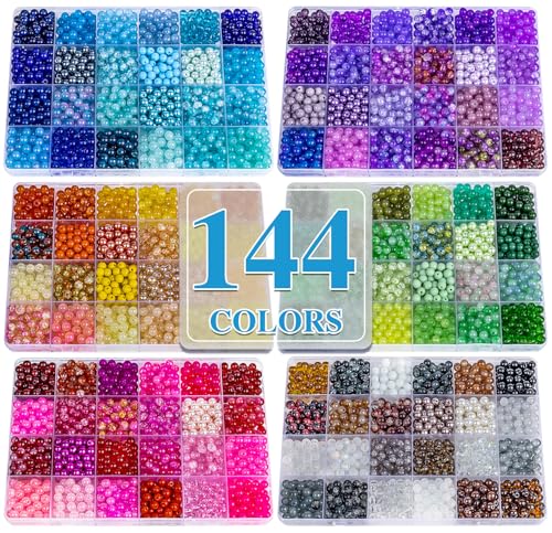 XSEINO About 7200PCS 6mm Glass Beads Bracelet Making Kit,144 Assorted Colors Crystal Glass Beads for Bracelet and Jewelry Making and DIY Crafts,Friendship Gifts,to Give to Friends, Family - color: Multicolor 6Box