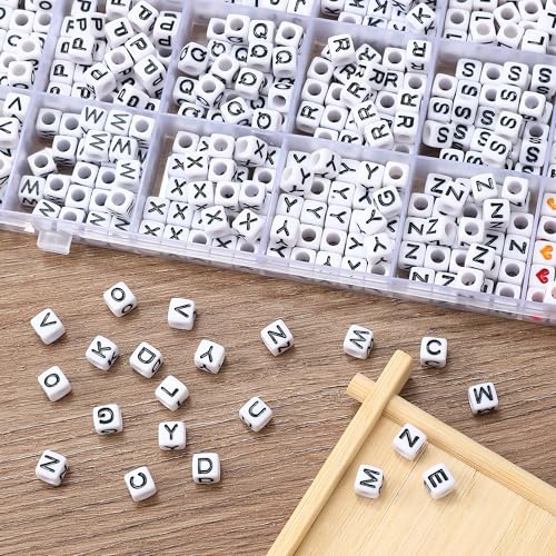 Acrylic Letter Beads 4mm Flat Round, 6mm Square - Beads for Making Friendship Bracelet or Necklace (28 Pieces of Square White with Black) - color: 28 pieces of square white with black