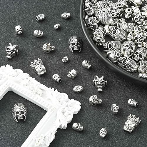 DanLingJewelry 150pcs 10 Styles Tibetan Style Skull Antique Silver Skeleton Head & Devil Head Beads for Halloween Jewelry Making - color: 150pcs - skull - 10 styles