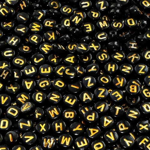 Amaney 1000pcs Gold Letter Beads 7x4mm Black Round Acrylic Alphabet Beads for Jewelry Making Bracelets Necklaces Key Chains - color: Black&Gold