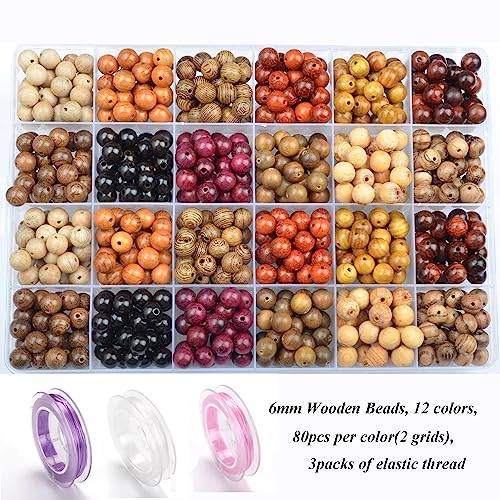 6mm Natural Mixed Wooden Round Loose Beads Jewelry Making KIT with Thread and Needles 960 PCS(12 Wooden, 6mm) - color: 12-Wooden, size: 6mm