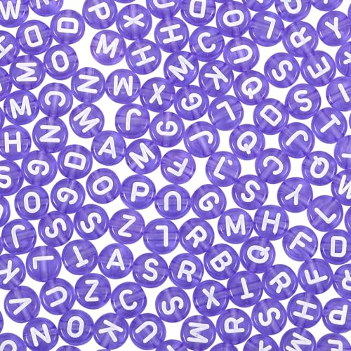 BEEFLYING 1480Pcs Transparent Acrylic Alphabet Beads Flat Round Disc Coin A-Z White Letter Beads Clear Spacer Beads Charms for DIY Friendship Bracelet Souvenir Jewelry Crafts Making(Lilac Color) - color: Lilac