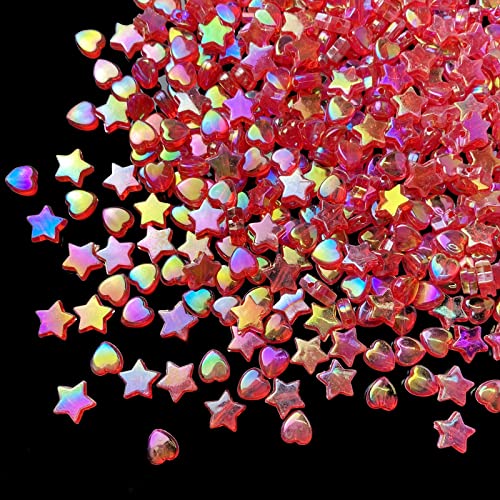 Jmassyang 600 PCS Acrylic Beads Heart and Star Shape Beads Red Acrylic AB Star Heart Assortments Flat Bead-in-Bead Loose Beads Spacer for DIY Necklace Bracelet Jewelry Craft Making - color: Red AB