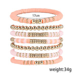 Pingyongchang Heishi Gold Beaded Bracelets Set for Women Men Bohemian Polymer Clay Colorful Surfer Vinyl Disc Stretch Layering Stackable Friendship Boho Bracelet Summer Beach Jewelry Gifts - color: Pink