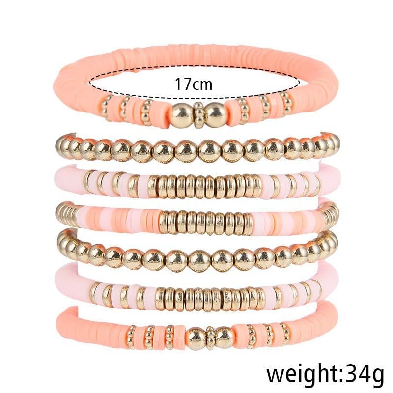 Pingyongchang Heishi Gold Beaded Bracelets Set for Women Men Bohemian Polymer Clay Colorful Surfer Vinyl Disc Stretch Layering Stackable Friendship Boho Bracelet Summer Beach Jewelry Gifts - color: Pink