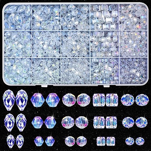 Thrilez 900 Pieces Glass Crystal Beads for Jewelry Making, Assorted Crystal Beads for Bracelets, Jewelry, DIY Crafts or Home Ornaments(Clear Crystal AB Color)