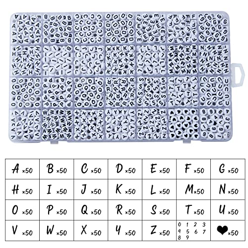 1400pcs Letter Beads, 4x7 mm Acrylic Alphabet Beads, Beads for Jewelry and Bracelet Making, in 28 Grid Box (White and Black) - color: White Beads Black Letter