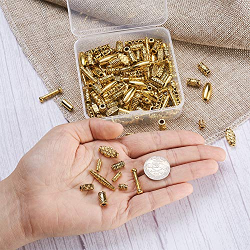 Beadthoven 150pcs/Box Tibetan Style Alloy Column Beads Mixed Antique Golden Metal Oval Cuboid Shuttle Tube Spacers Beads for Bracelet Necklace Jewelry Making Supplies - color: Antique Golden-Column