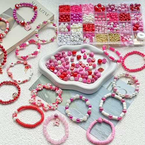 1800PCS+ Valentine’s Day Beads for Bracelets Jewelry Making Set, Pink Red Polymer Clay Beads Assorted Pearl Acrylic Heart Bead Letter Spacer Flower Bead and Heart Charms for Necklace Bracelets Making