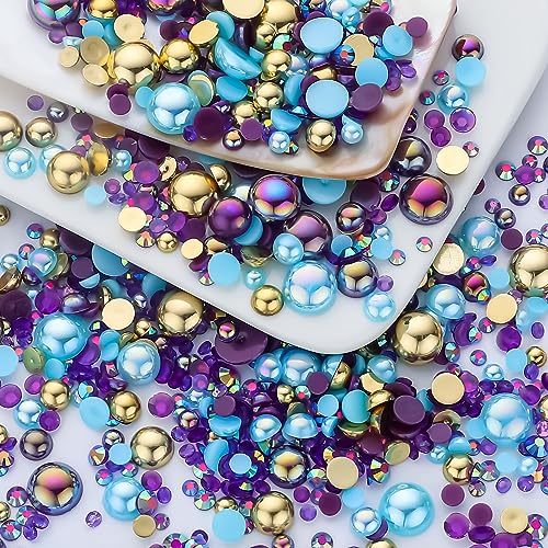 60g Gold Aquamarine Pearls Rhinestones for Crafts Mixed Size 3mm-10mm AB Color Round Half Pearls Flatback Pearl Beads and Resin Rhinestones Set for Face Art with Gel - color: Gold-Aquamarine Series, size: 60g