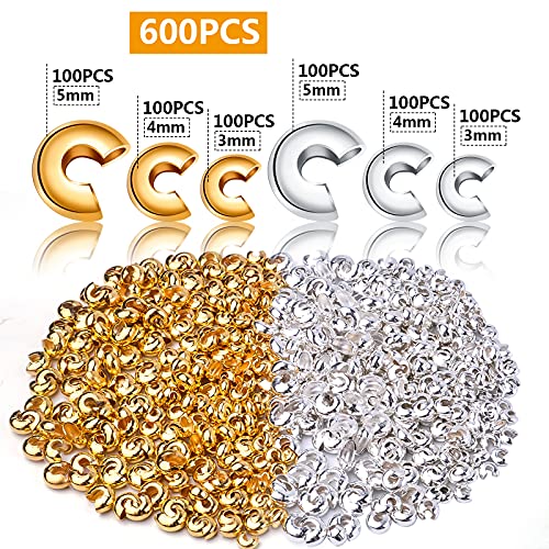 Aylifu 600pcs 3mm/4mm/5mm Crimp Bead Knot Covers Half Round Open Crimp Beads Crimp Bead Covers for DIY Jewelry Crafts Making - color: Gold,sliver(0.12/0.15/0.19inch)