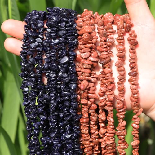 400Pcs Natural Chip Stone Beads for Jewelry Making Gold Sandstone & Blue Sandstone Pre-Drilled Irregular Healing Crystal Loose Beads for DIY Necklace Bracelet Earrings Ring Craft Supplies - color: Blue Sandstone + Gold Sandstone (2 Strands-62")