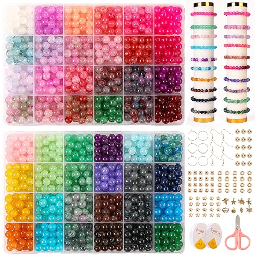 Glass Beads for Jewelry Making, 1300pcs + 8mm 48 Colors Round Crystal Glass Beads Bracelet Making Kit, Bead Starter Kit for Birthday Holiday Art Crafts Gifts - color: Multicolor-Style 1, size: 8mm