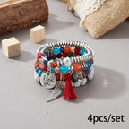 Bohemian Multilayer Beaded Bracelet Set, Colorful Stacked Stretch Bracelets with Tassel and Wing Charm - color: xhy021-1