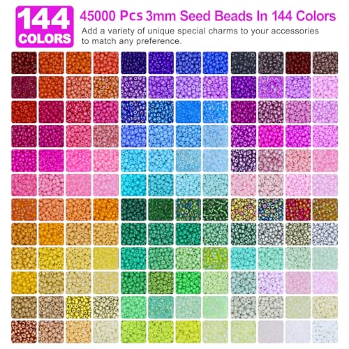 Redtwo 3mm 45000pcs Glass Seed Beads Kit, 7 Boxes 144 Colors Small Beads for Bracelets, Friendship Bracelet Kit with Charms and Letters