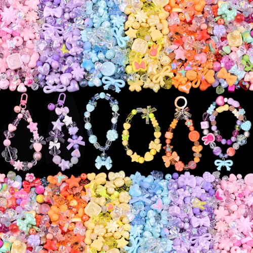 400-450PCS TINKRSTUFF Assorted Acrylic Beads, 6 Colors Series Cute Beads for Bracelet Making, Bow Flower GummyBear Kawaii Charms, Aesthetic Bead for Necklace Keychain Jewelry Making DIY Phone Charm - color: 6 Color Series-Pink+Blue+Purple+Yellow+Orange+Mi