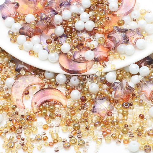Mixed Star Moon Crystal Glass Beads Seedbeads Loose Round Pearl Beads for Jewelry Making Craft Bracelets Necklaces Earrings DIY Crafts Projects Brown Glass Spacer Bead Kits for Crafts - color: Brwon
