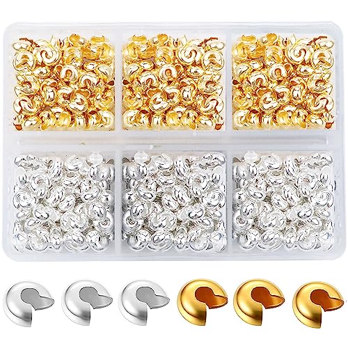 600 Pieces Crimp Bead Covers 4mm Open Half Round Crimp Bead Knot Cover Small Beads for Jewelry Craft Making - color: Gold & Silver
