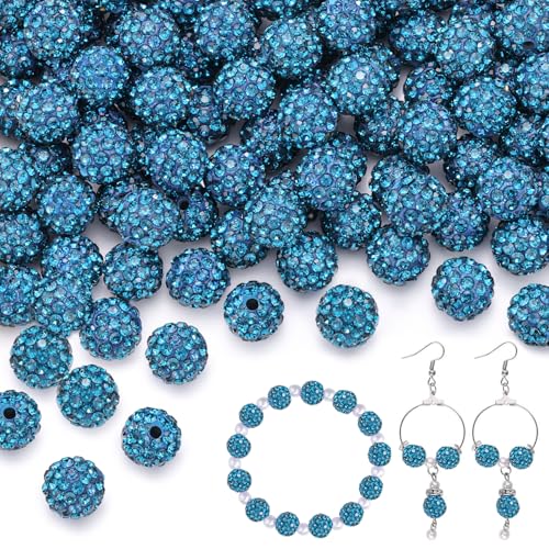 150 pcs 10mm Rhinestone Beads for Jewelry Making, Blue Zircon Shiny Round Shamballa Disco Beads Bulk, Sparkle Crystal Clay Christmas for Bracelet Baseball Necklace Earring Crafting and DIY - color: Blue Zircon, size: 10mm/150pcs