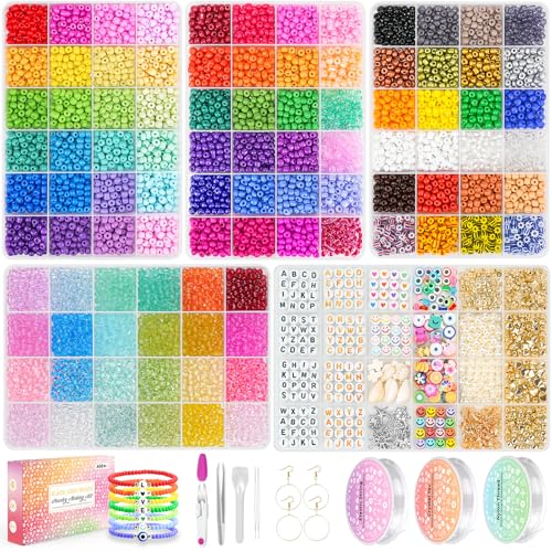 5mm Glass Beads Bracelet Making kit, 96 Colors 12800pcs Glass Seed Beads Friendship Beads for Bracelets Crystal Waist Bead with String Cords Letter Bead Charms for DIY Jewelry Making Crafts - size: 5 mm