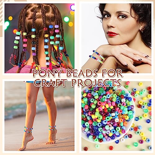 Jexine 10500 Pcs Pony Beads Bulk Plastic Beads for Bracelet Making Hair Braids DIY Necklace Jewelry Making Projects(Round,Mixed Color) - color: Mixed Color, style: Round