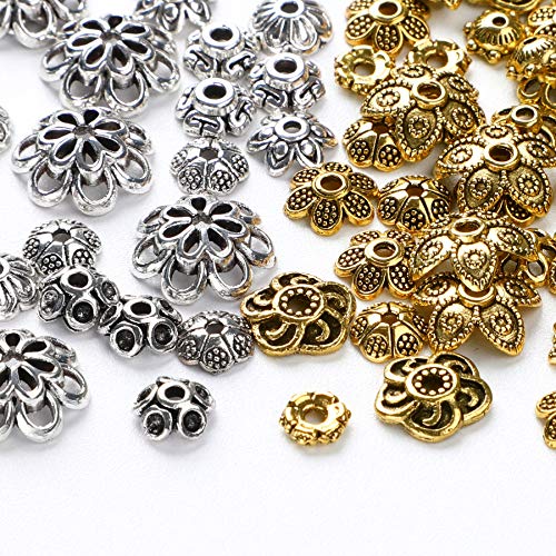 FEBSNOW About 160Pcs Spacer Beads Caps, Bali Style Mixed Tibetan Silver and Antique Gold Flower Bead Caps for Bracelet Necklace Earrings Jewelry Making Supplies - color: antique gold and tibetan silver
