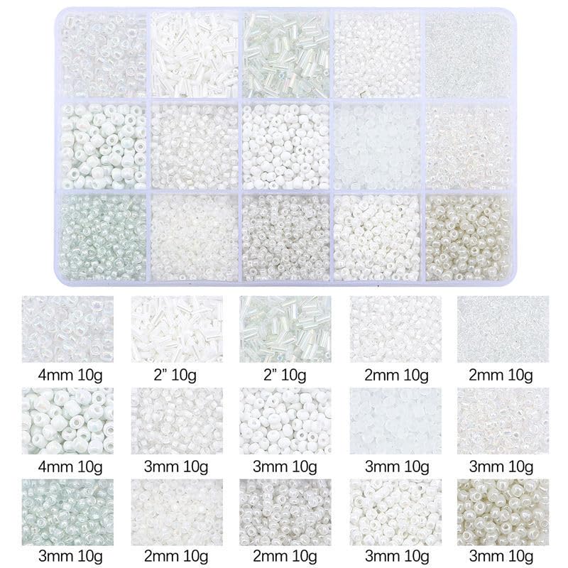 Mix 15 Color Glass Seed Tube Beads Glass Bugle Beads Loose Kit for Jewelry Making DIY Craft Beading (Mix 15 Color, White) - color: White