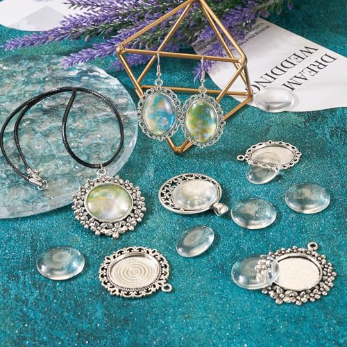 FASHEWELRY 16Pcs Oval Round Bezel Pendant Trays Antique Silver Bezel Blanks Cabochon Setting with Clear Glass Cabochon for Photo Pendant Craft Jewelry Making - color: Oval & Round