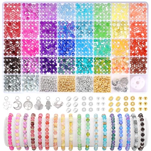 6mm Glass Beads for Jewelry Making, 1396pcs Ink Patterns Crystal Beads for Bracelets, Funtopia 34 Colors Round Glass Beads Kits for Necklace DIY Earrings Crafts with Spacer Beads and Charms - color: #3 Ink Patterns, size: 6mm