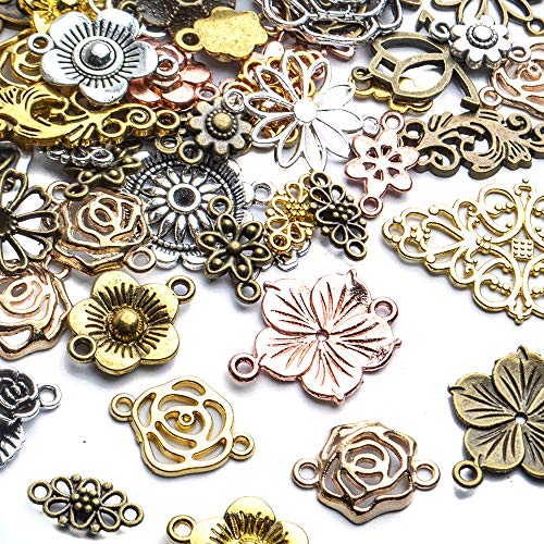 Jewelry Connectors Charms, 100 Gram Flower Tibetan Style Mixed Flower Shape Pendants Metal Beads Link Connector Charms for DIY Earring Necklace Jewelry Making