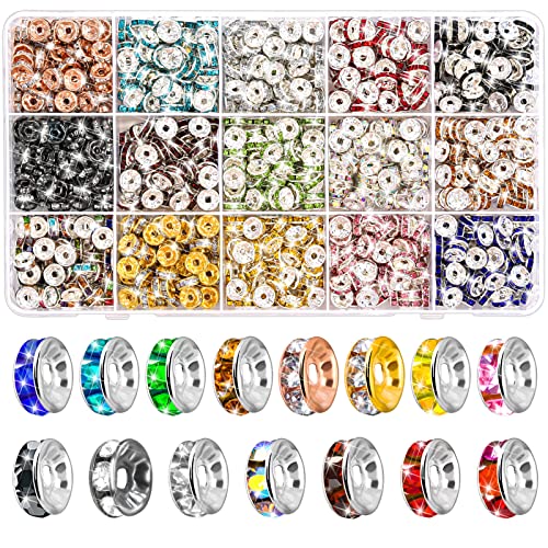 900 Pieces Rondelle Spacer Beads for Jewelry Making, 8mm Rhinestone Spacer Beads Crystal Bead Spacers for Bracelets, Focal Beads for Pen, 15 Colors - size: 8mm
