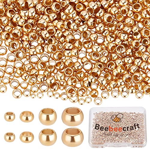 Beebeecraft 800Pcs/Box 4 Size Crimp Tube Beads 24K Gold Plated Stainless Steel Crimping Tube Spacers Cord End Caps Loose Stopper Beads for Earring Necklace - color: Gold