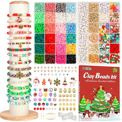 Gionlion Christmas Bracelet Making Kit, Clay Beads Friendship Bracelet Kit Christmas Crafts Gifts, Gold Beads Charm Bracelet Maker Set Preppy Jewelry Making Kit Gifts - style: Christmas Limited