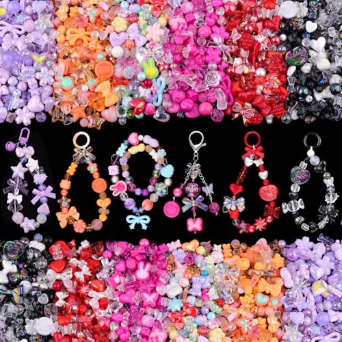 400-450PCS TINKRSTUFF Assorted Acrylic Beads, 6 Mixed Colors Cute Beads for Bracelet Making, Bow Flower GummyBear Kawaii Charms, Aesthetic Beadfor Necklace Keychain Jewelry Making DIY Phone Charm - color: 6 Color Series-Purple+Red+Orange+Black+Rose Pink+M