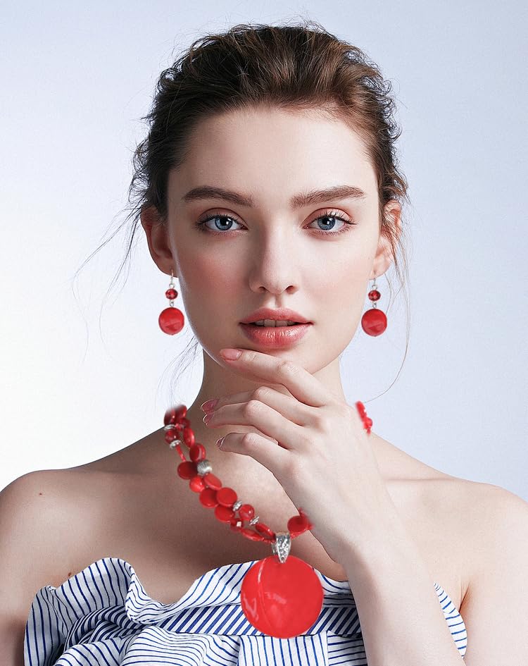 Layered Beads Statement Fashion Necklace Chunky Jewelry Set Big Colorful Glass Stone Circle Shell Pendant Choker Necklace and Earring Set for Women - color: Hot pink